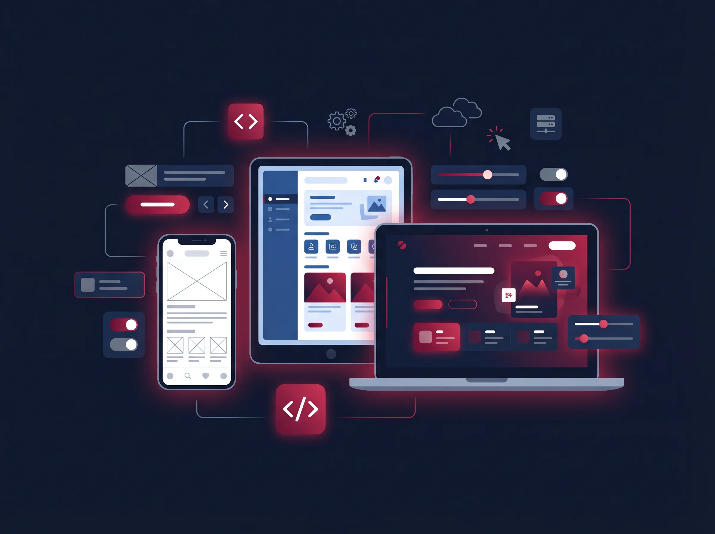 Custom app development process illustration showing mobile, tablet, and laptop screens